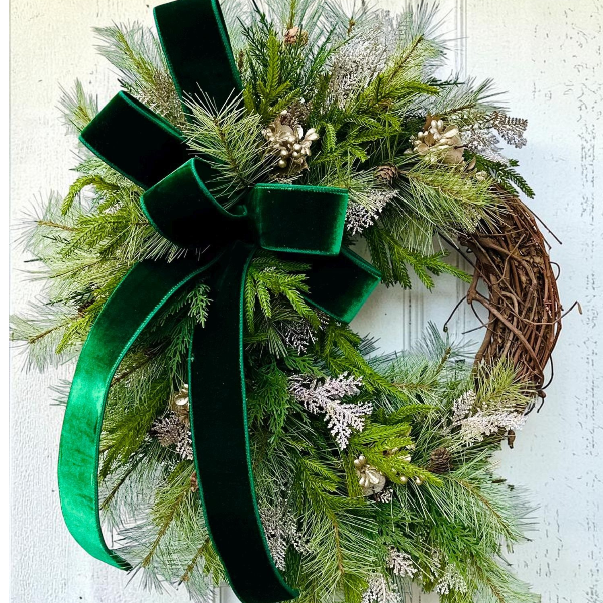 Elegant Green & Gold Grapevine Pine Christmas Wreath | Velvet Ribbon Winter Holiday Wreath | 33"x24" Classic Front Door Decor TCT Crafts