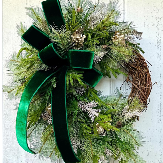 Elegant Green & Gold Grapevine Pine Christmas Wreath | Velvet Ribbon Winter Holiday Wreath | 33"x24" Classic Front Door Decor TCT Crafts