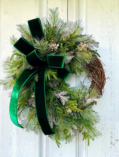 Elegant Green & Gold Grapevine Pine Christmas Wreath | Velvet Ribbon Winter Holiday Wreath | 33"x24" Classic Front Door Decor TCT Crafts