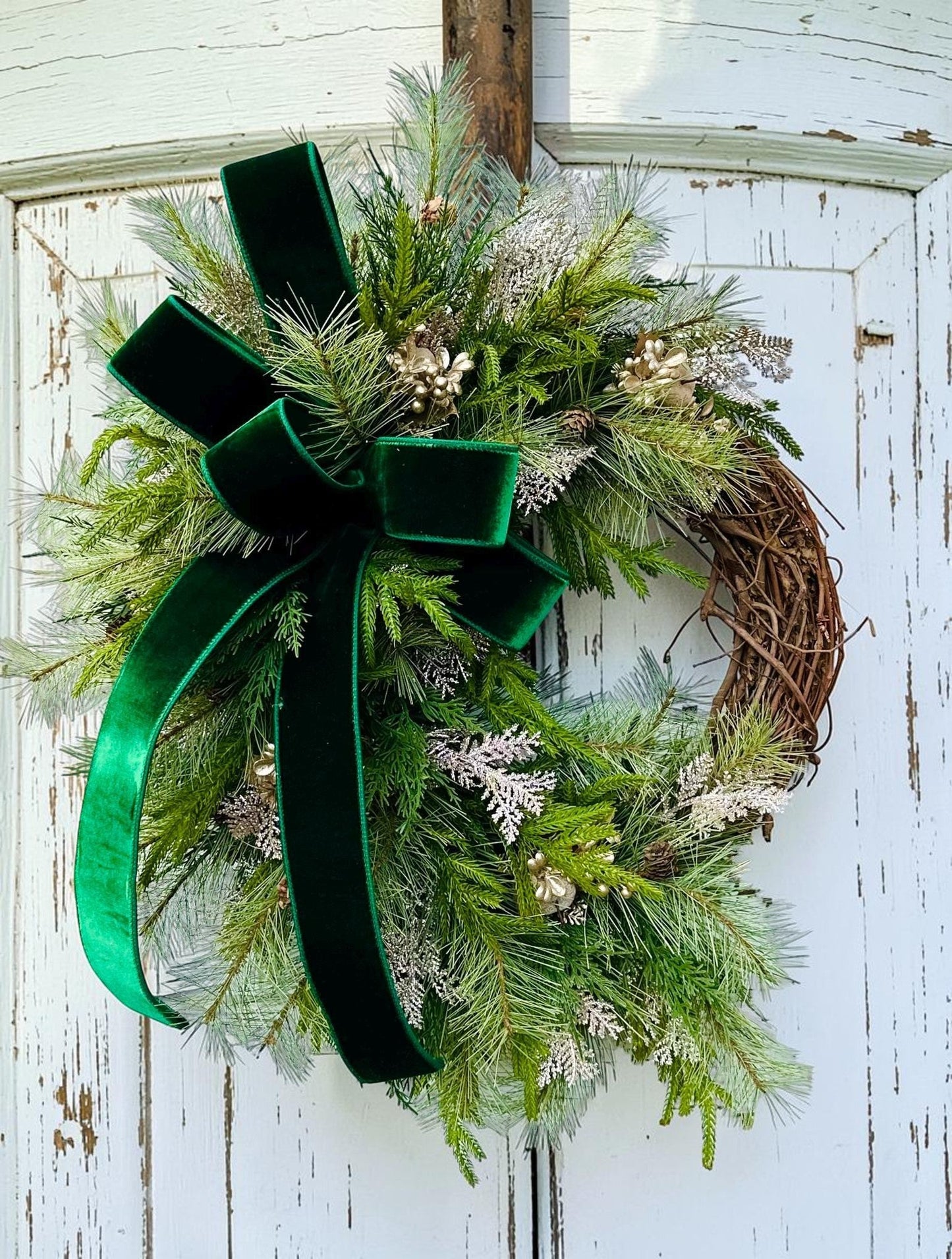 Elegant Green & Gold Grapevine Pine Christmas Wreath | Velvet Ribbon Winter Holiday Wreath | 33"x24" Classic Front Door Decor TCT Crafts