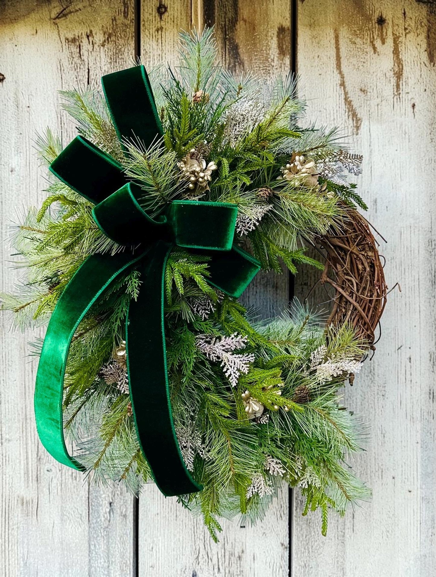 Elegant Green & Gold Grapevine Pine Christmas Wreath | Velvet Ribbon Winter Holiday Wreath | 33"x24" Classic Front Door Decor TCT Crafts