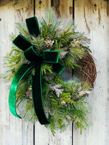 Elegant Green & Gold Grapevine Pine Christmas Wreath | Velvet Ribbon Winter Holiday Wreath | 33"x24" Classic Front Door Decor TCT Crafts