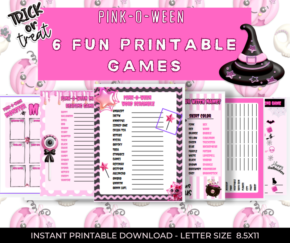 Pink-O-Ween Halloween Themed Pink Digital Downloadable Party Games- PRINTABLE Halloween Party Games-October Pink Themed Party Games