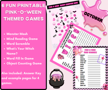 Load image into Gallery viewer, Pink-O-Ween Halloween Themed Pink Digital Downloadable Party Games- PRINTABLE Halloween Party Games-October Pink Themed Party Games