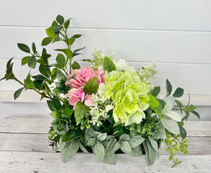 Handmade Mixed Hydrangea Floral Arrangement - Everyday or Spring Decor - White/Pink/Green - 14x15" by TCT Crafts-TCT1714