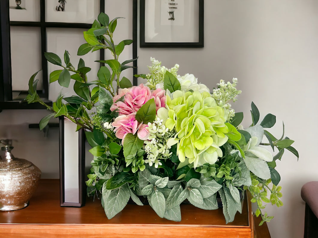 Handmade Mixed Hydrangea Floral Arrangement - Everyday or Spring Decor - White/Pink/Green - 14x15