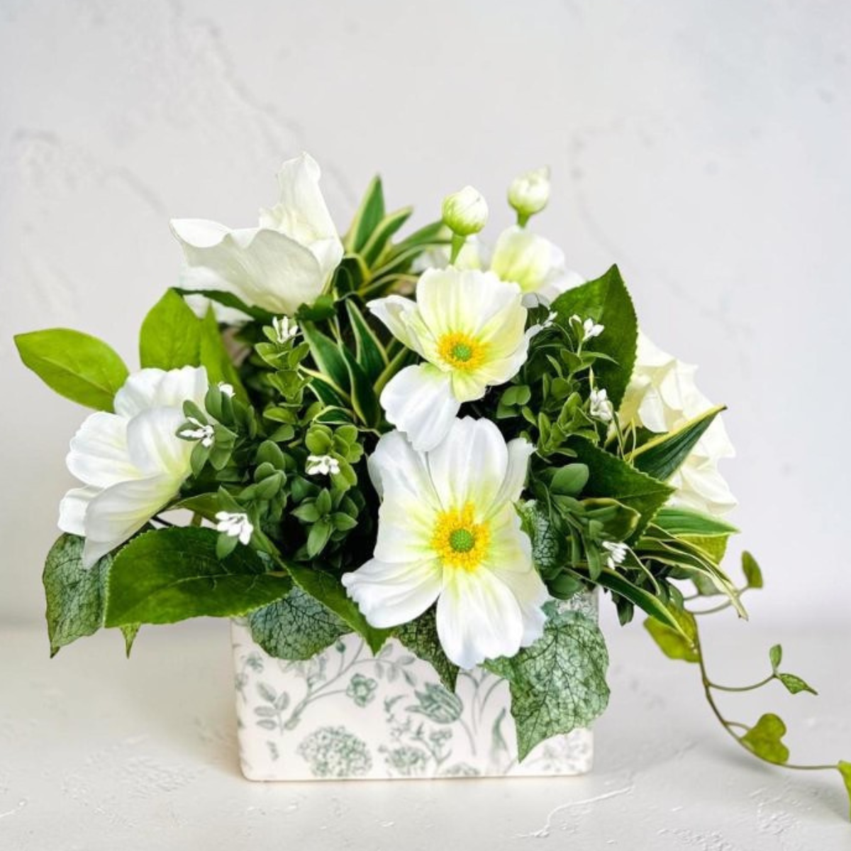 Small Faux Floral Arrangement with Cream Cosmos & Greenery in White Metal Planter TCT Crafts