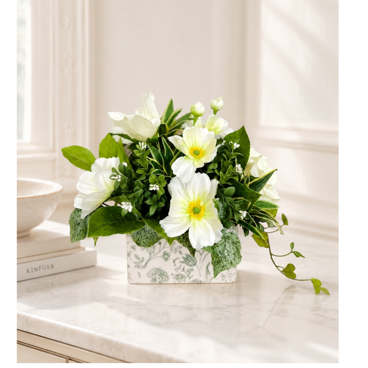 Small Faux Floral Arrangement with Cream Cosmos & Greenery in White Metal Planter TCT Crafts