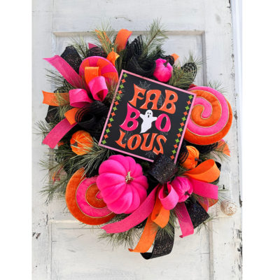 Faboolous Halloween Wreath | Pink, Orange, Black | 29"x26" | Cute Decor with Lollipops and Velvet Pumpkins TCT Crafts