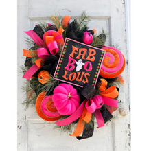 Load image into Gallery viewer, Faboolous Halloween Wreath | Pink, Orange, Black | 29&quot;x26&quot; | Cute Decor with Lollipops and Velvet Pumpkins