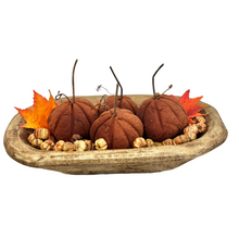 Load image into Gallery viewer, Handmade Primitive Cinnamon Pumpkin Set with Spice-Scented Putka Pods in Wooden Dough Bowl, Fall Vignette Decor by TCT Crafts