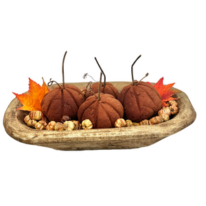 Handmade Primitive Cinnamon Pumpkin Set with Spice-Scented Putka Pods in Wooden Dough Bowl, Fall Vignette Decor by TCT Crafts