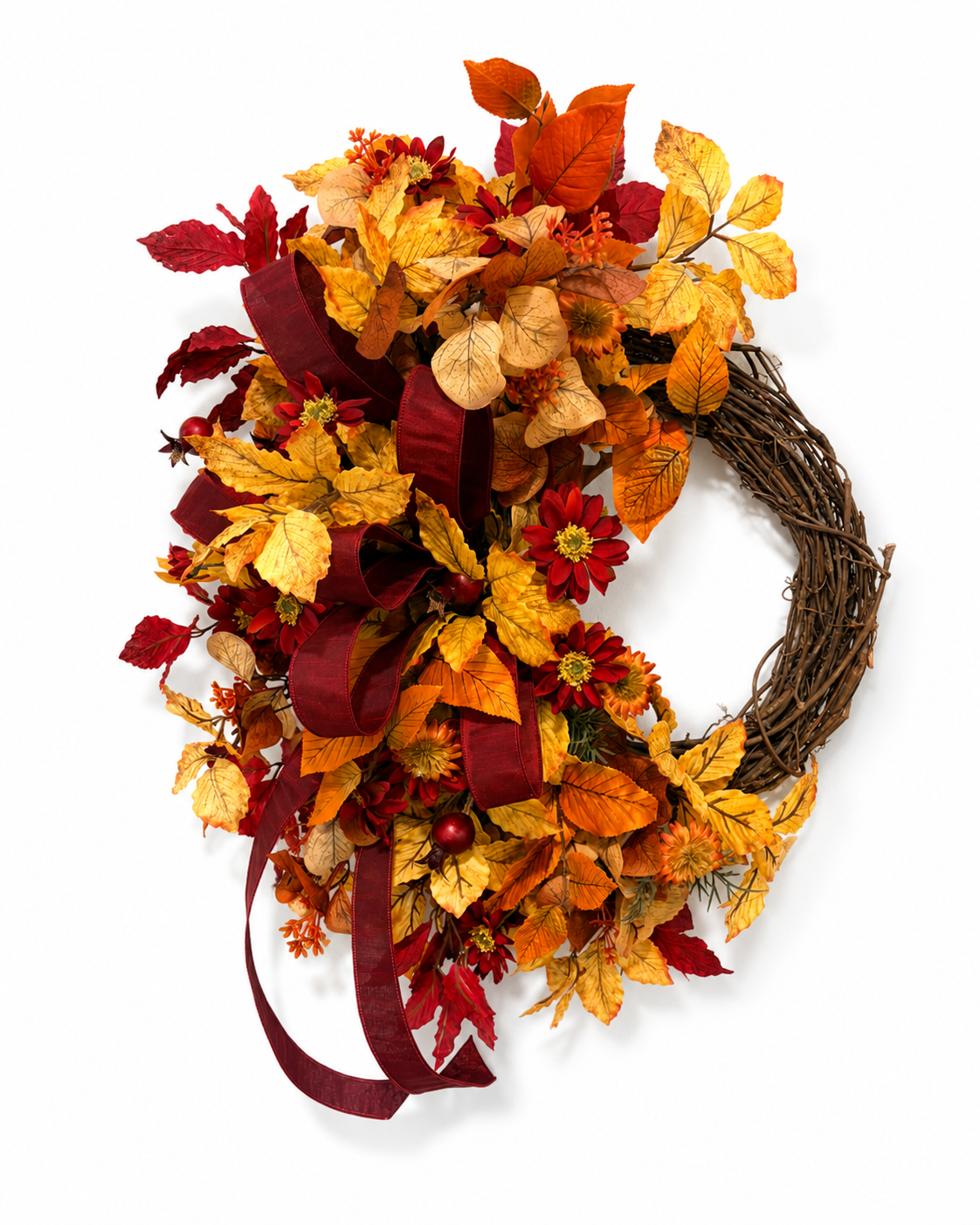 Fall Elm Leaf Wreath | Burgundy Bow Cosmos Rosehip Wreath | 27"x21" TCT Crafts