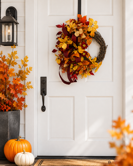 Fall Elm Leaf Wreath | Burgundy Bow Cosmos Rosehip Wreath | 27"x21" TCT Crafts
