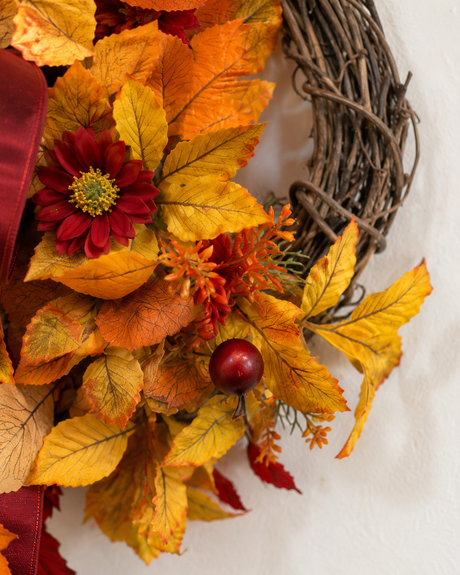 Fall Elm Leaf Wreath | Burgundy Bow Cosmos Rosehip Wreath | 27"x21" TCT Crafts
