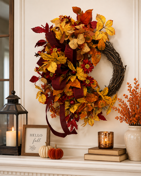 Fall Elm Leaf Wreath | Burgundy Bow Cosmos Rosehip Wreath | 27"x21" TCT Crafts