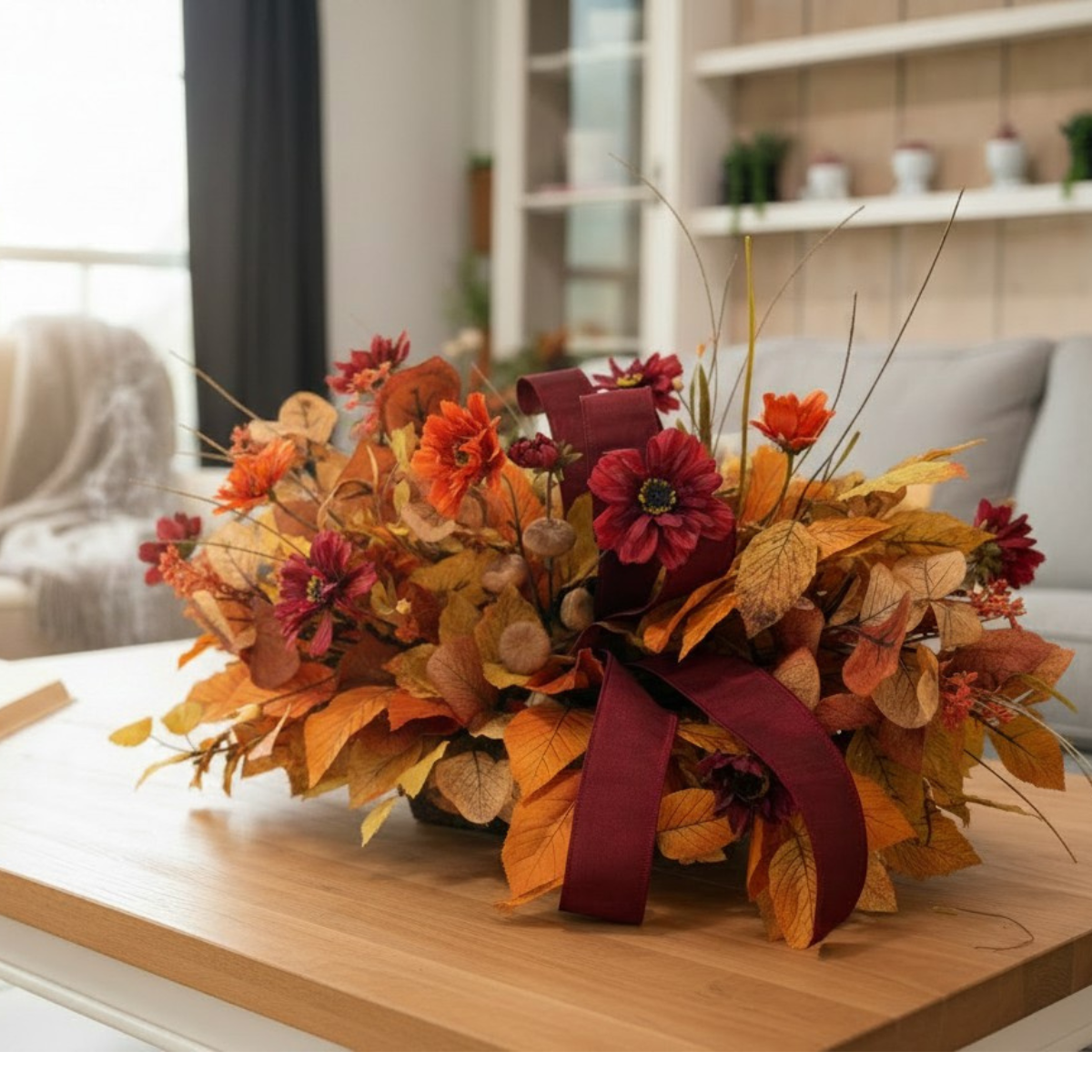 Fall Cosmos Centerpiece in Wooden Dough Bowl — Ready-Made Artificial Fall Arrangement TCT Crafts