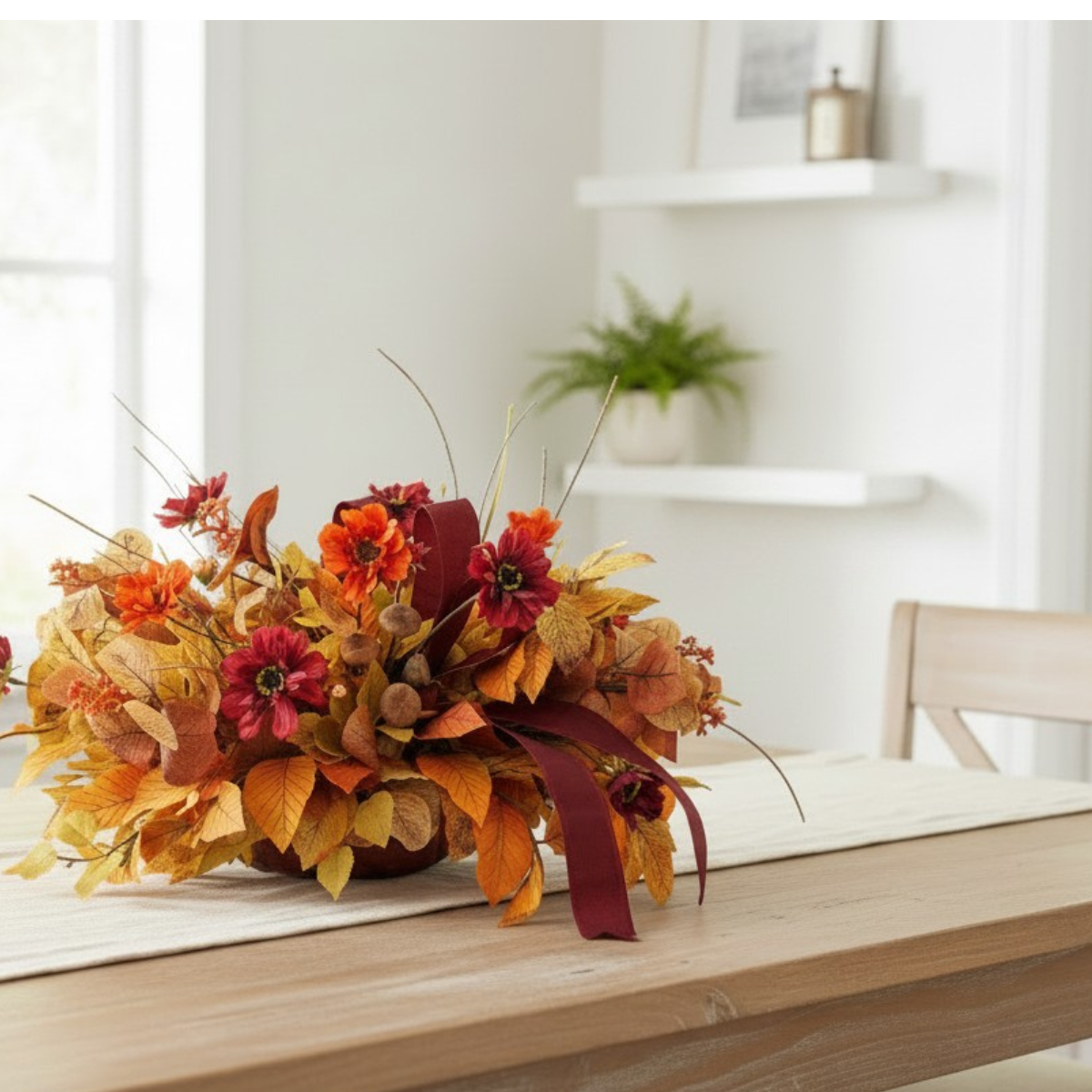 Fall Cosmos Centerpiece in Wooden Dough Bowl — Ready-Made Artificial Fall Arrangement TCT Crafts