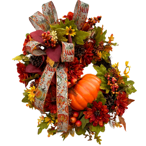 Handcrafted Fall Pumpkin Grapevine Wreath | Autumn Floral Décor | 20x16 Orange & Yellow Harvest Wreath for Front Door