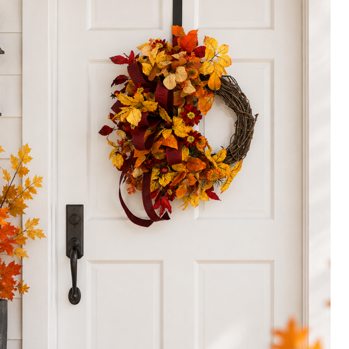 Fall Elm Leaf Wreath | Burgundy Bow Cosmos Rosehip Wreath | 27"x21" TCT Crafts