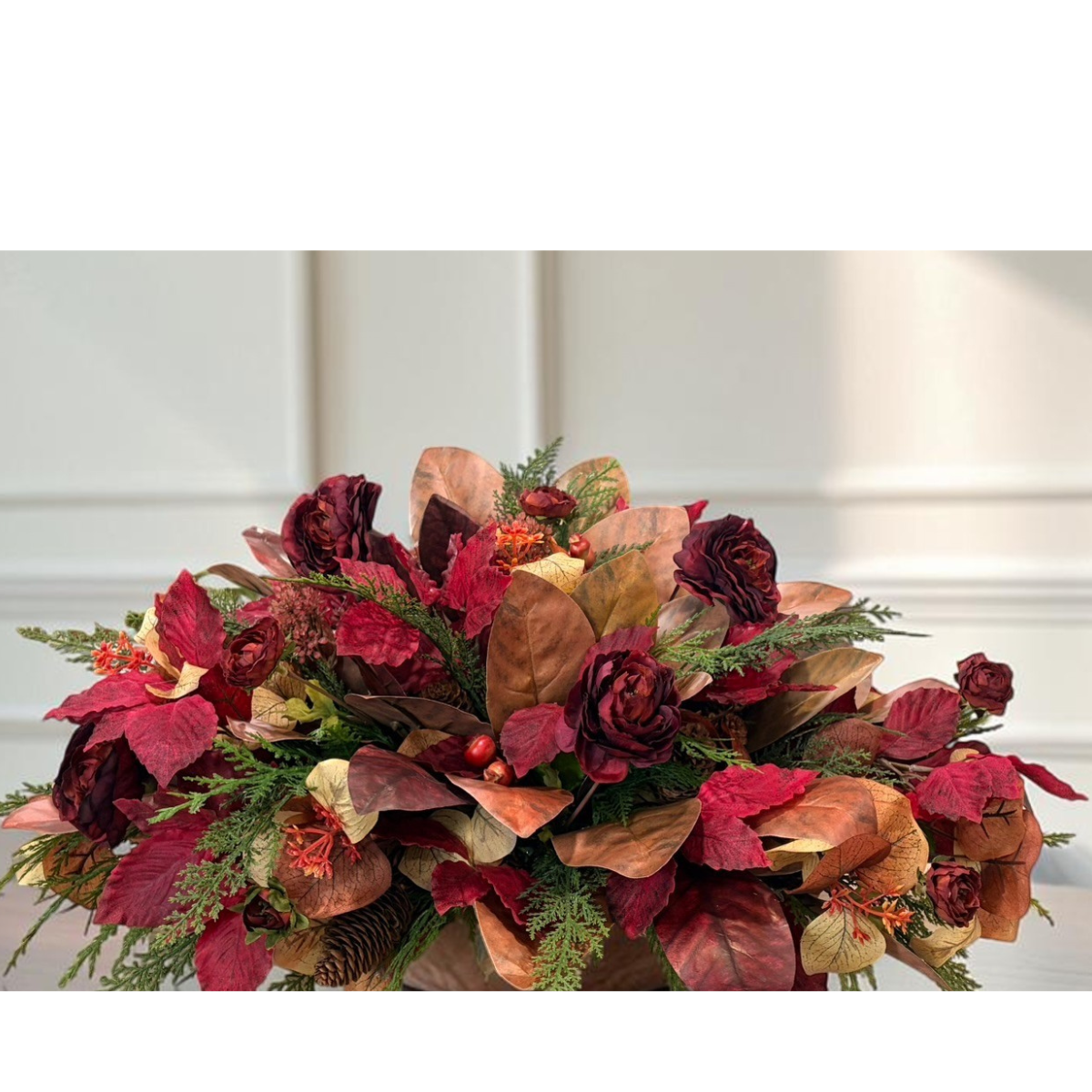 Fall Magnolia Leaf Centerpiece in Paulownia Wooden Tray — Ready-Made Artificial Fall Arrangement TCT Crafts