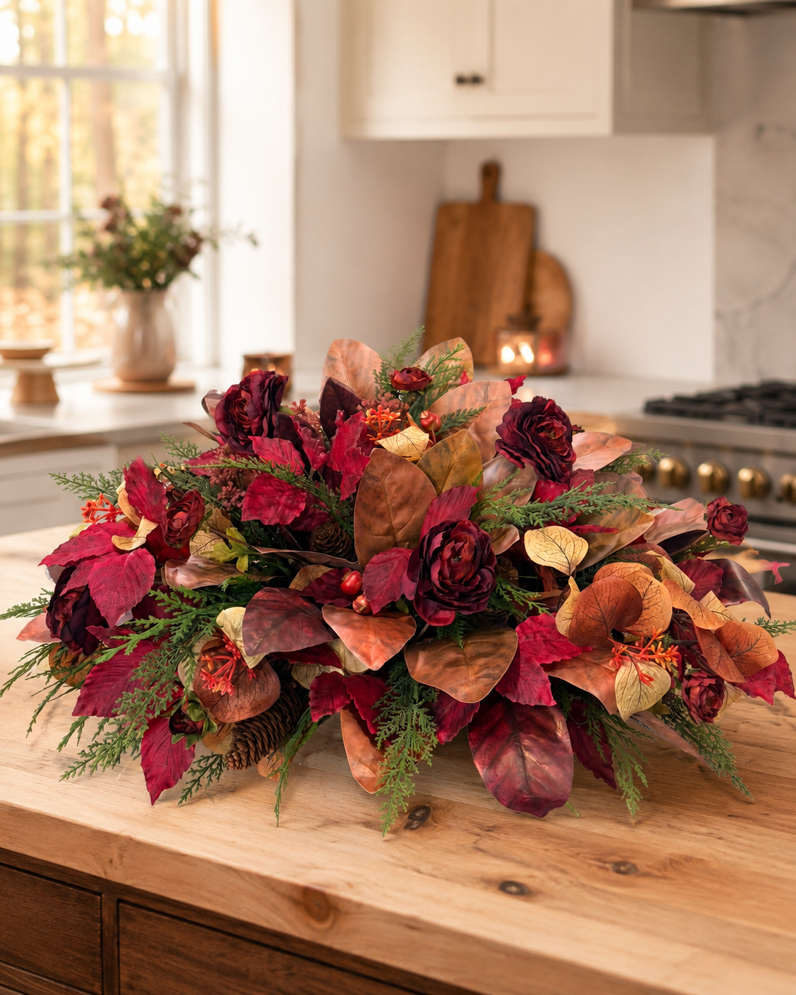 Fall Magnolia Leaf Centerpiece in Paulownia Wooden Tray — Ready-Made Artificial Fall Arrangement TCT Crafts
