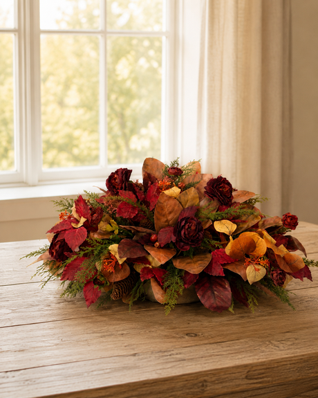 Fall Magnolia Leaf Centerpiece in Paulownia Wooden Tray — Ready-Made Artificial Fall Arrangement TCT Crafts