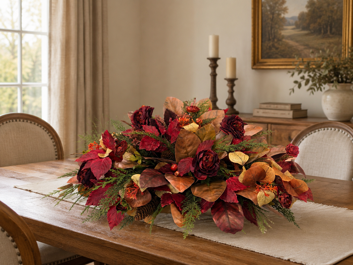 Fall Magnolia Leaf Centerpiece in Paulownia Wooden Tray — Ready-Made Artificial Fall Arrangement TCT Crafts