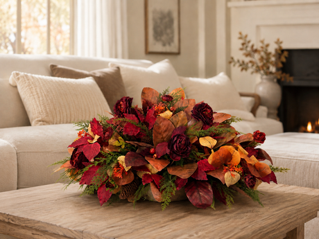 Fall Magnolia Leaf Centerpiece in Paulownia Wooden Tray — Ready-Made Artificial Fall Arrangement TCT Crafts