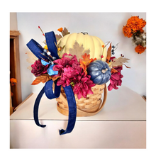 Load image into Gallery viewer, Beautiful Fall Pumpkin Basket Arrangement | 13&quot; x 16&quot; Autumn Centerpiece with Cream Pumpkin, Burgundy Florals, and Blue Pumpkins