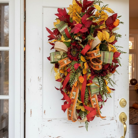 Fall Sunflower Door Swag | Burgundy Elm Leaves & Designer Bow | 36" Autumn Decor TCT Crafts