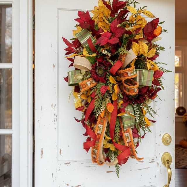 Fall Sunflower Door Swag | Burgundy Elm Leaves & Designer Bow | 36" Autumn Decor TCT Crafts