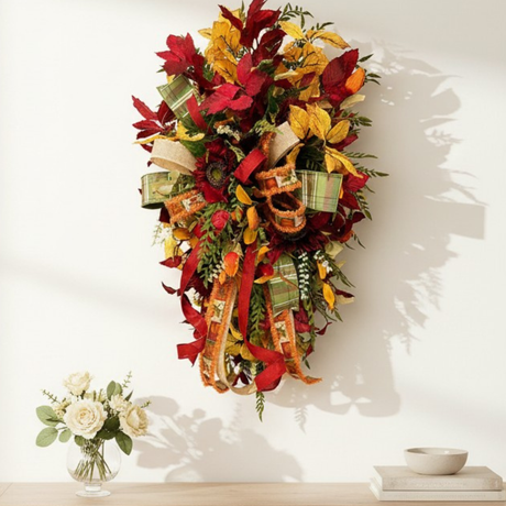 Fall Sunflower Door Swag | Burgundy Elm Leaves & Designer Bow | 36" Autumn Decor TCT Crafts