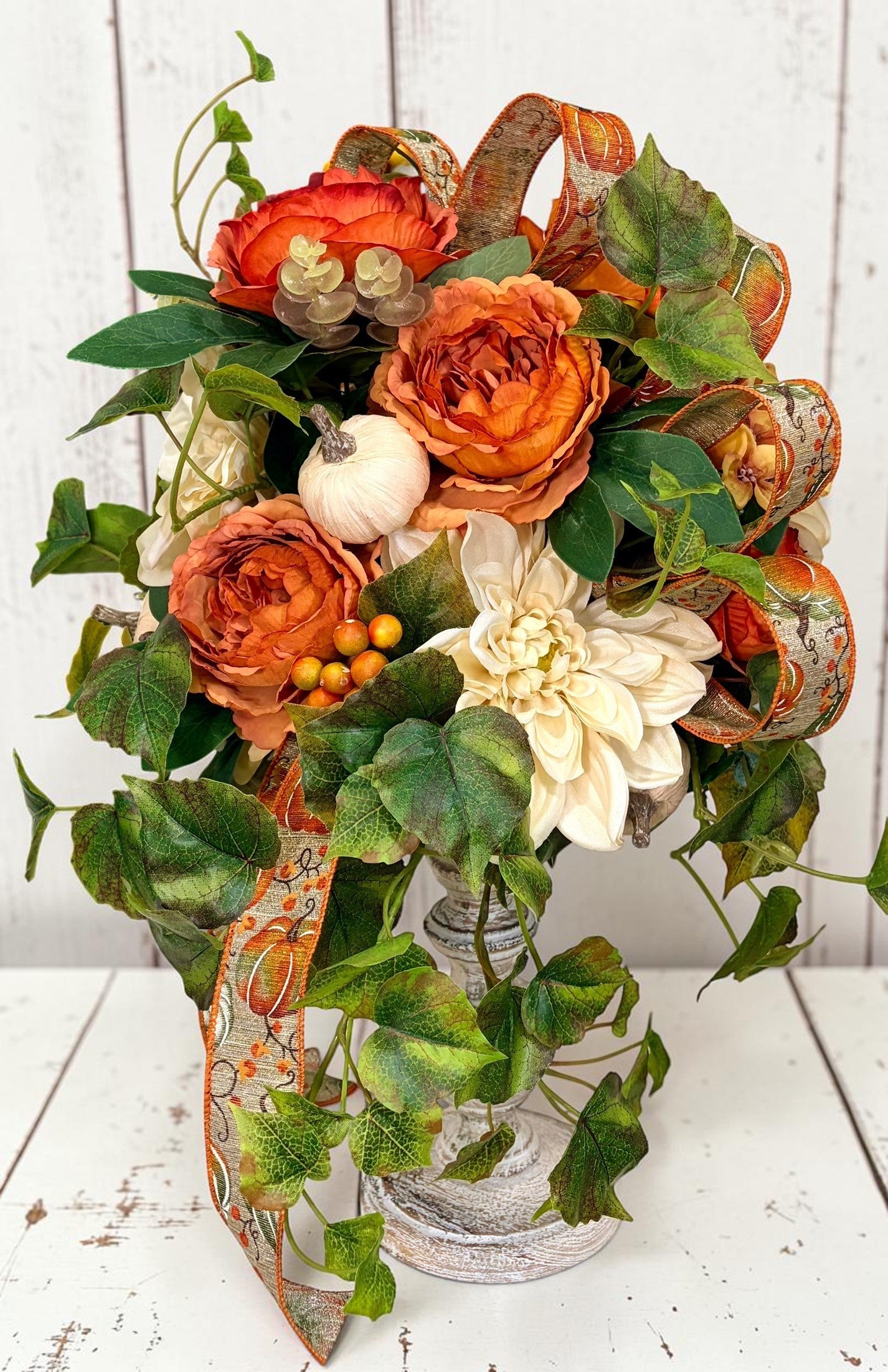 Fall Candlestick Arrangement with Dahlia Roses Ivy and Pumpkin Decor TCT Crafts