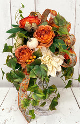 Fall Candlestick Arrangement with Dahlia Roses Ivy and Pumpkin Decor TCT Crafts