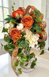 Fall Candlestick Arrangement with Dahlia Roses Ivy and Pumpkin Decor TCT Crafts
