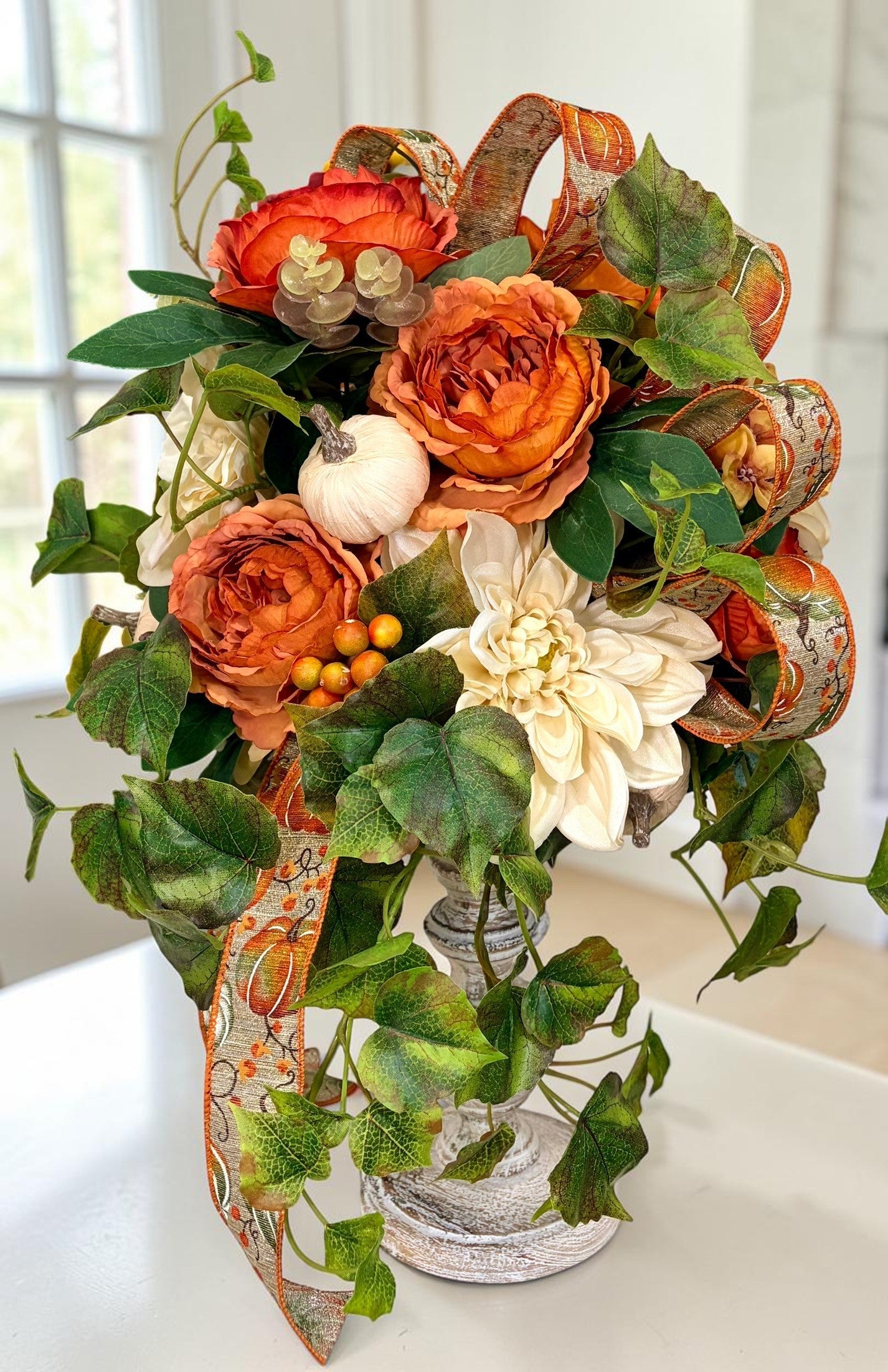 Fall Candlestick Arrangement with Dahlia Roses Ivy and Pumpkin Decor TCT Crafts