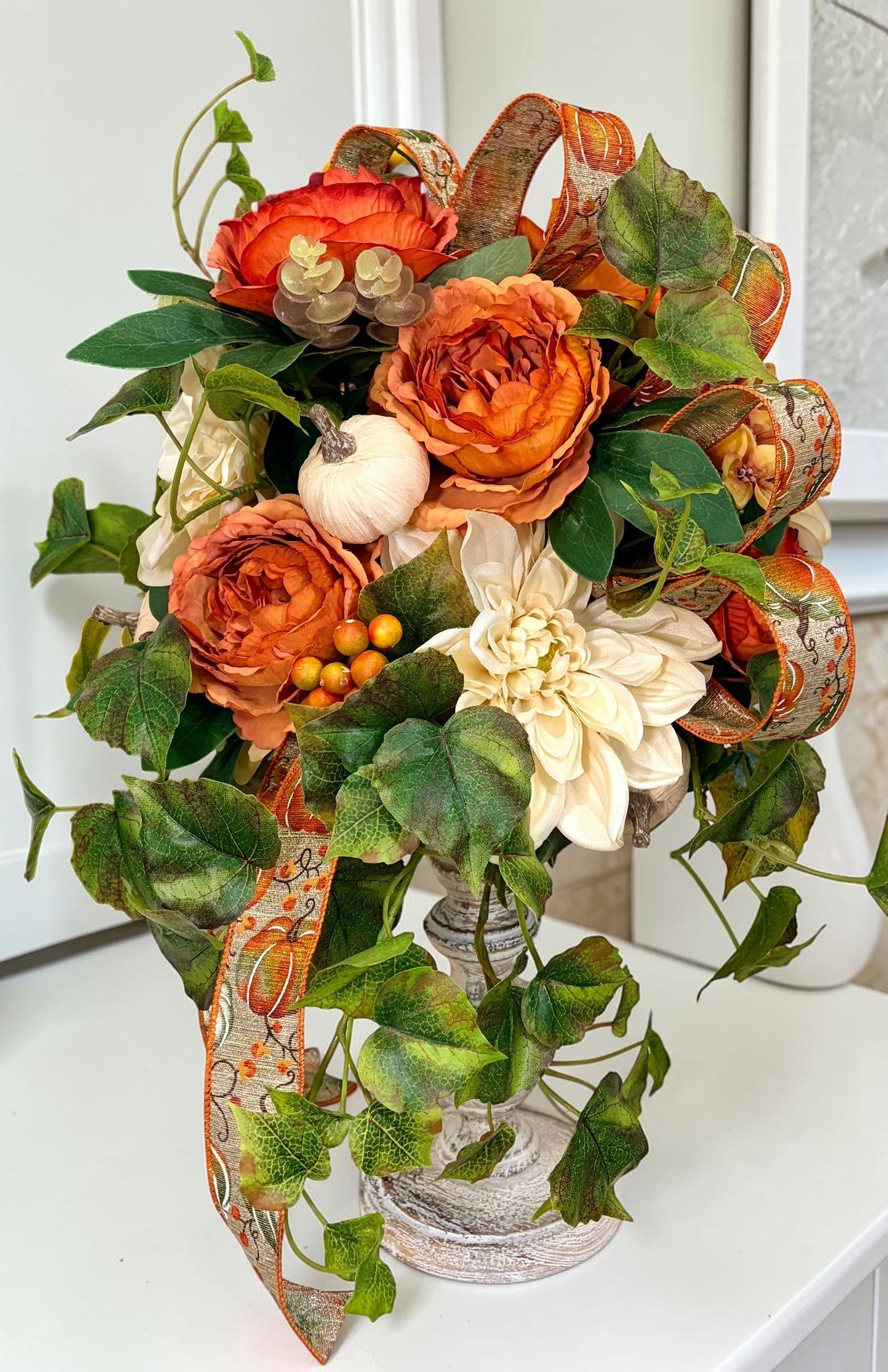 Fall Candlestick Arrangement with Dahlia Roses Ivy and Pumpkin Decor TCT Crafts