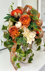 Fall Candlestick Arrangement with Dahlia Roses Ivy and Pumpkin Decor TCT Crafts