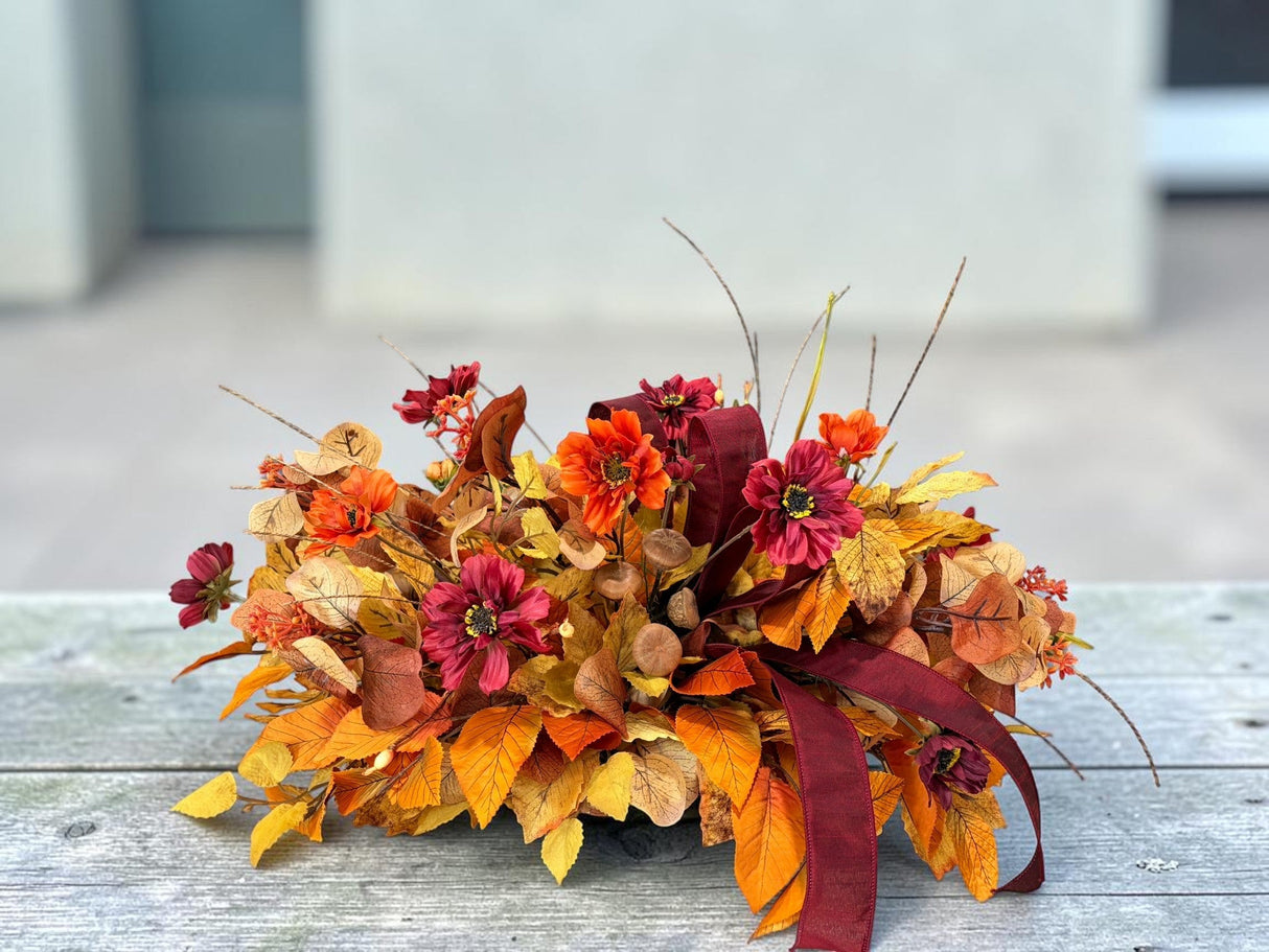 Fall Cosmos Centerpiece in Wooden Dough Bowl — Ready-Made Artificial Fall Arrangement TCT Crafts