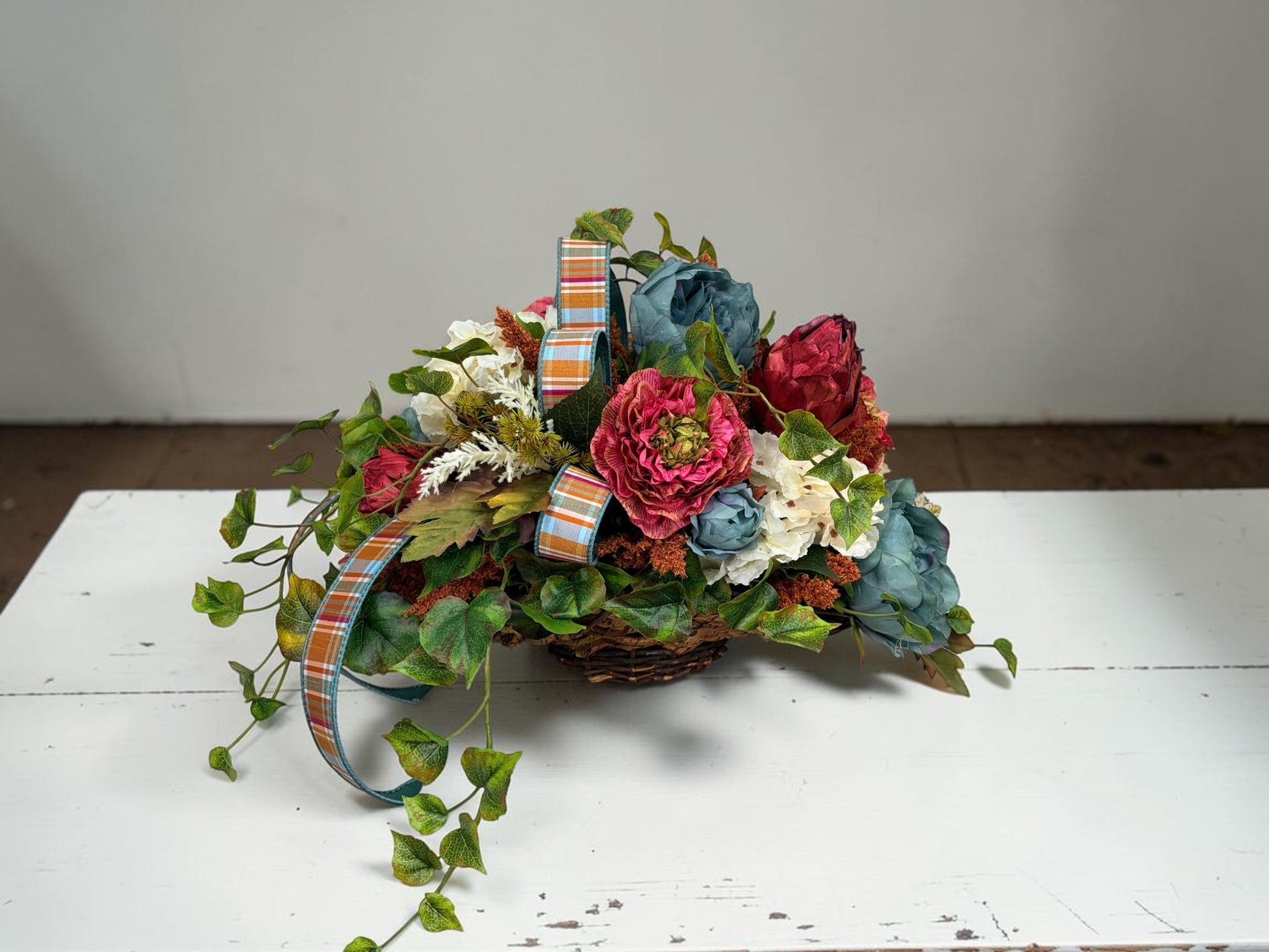Moody Blue Burgundy Fall Centerpiece Luxury Autumn Basket Decor TCT Crafts