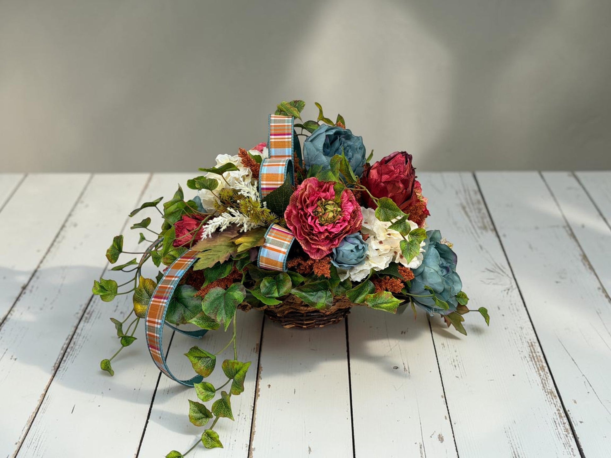 Moody Blue Burgundy Fall Centerpiece Luxury Autumn Basket Decor TCT Crafts