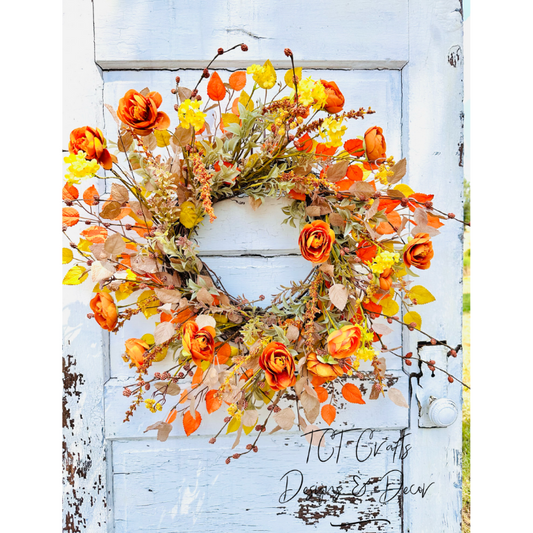 24" Fall Grapevine Wreath with Orange Ranunculus & Yellow Flowers – Autumn Front Door Decor TCT Crafts