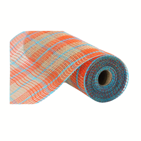 10.25" x 10yd Fall Plaid Faux Jute Mesh Roll - Orange, Natural & Turquoise, Ideal for Wreath Making-RY8331X4 TCT Crafts
