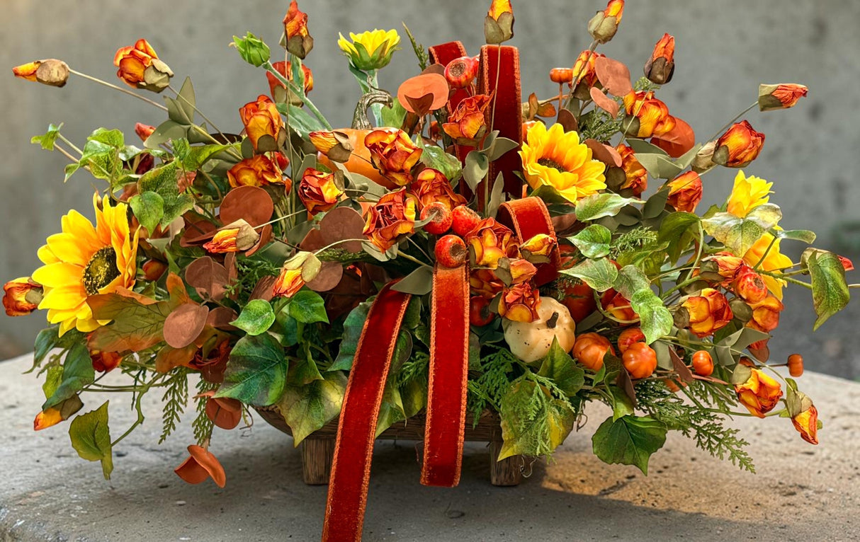 Fall Pumpkin and Sunflower Centerpiece on Wooden Pedestal Tray TCT Crafts