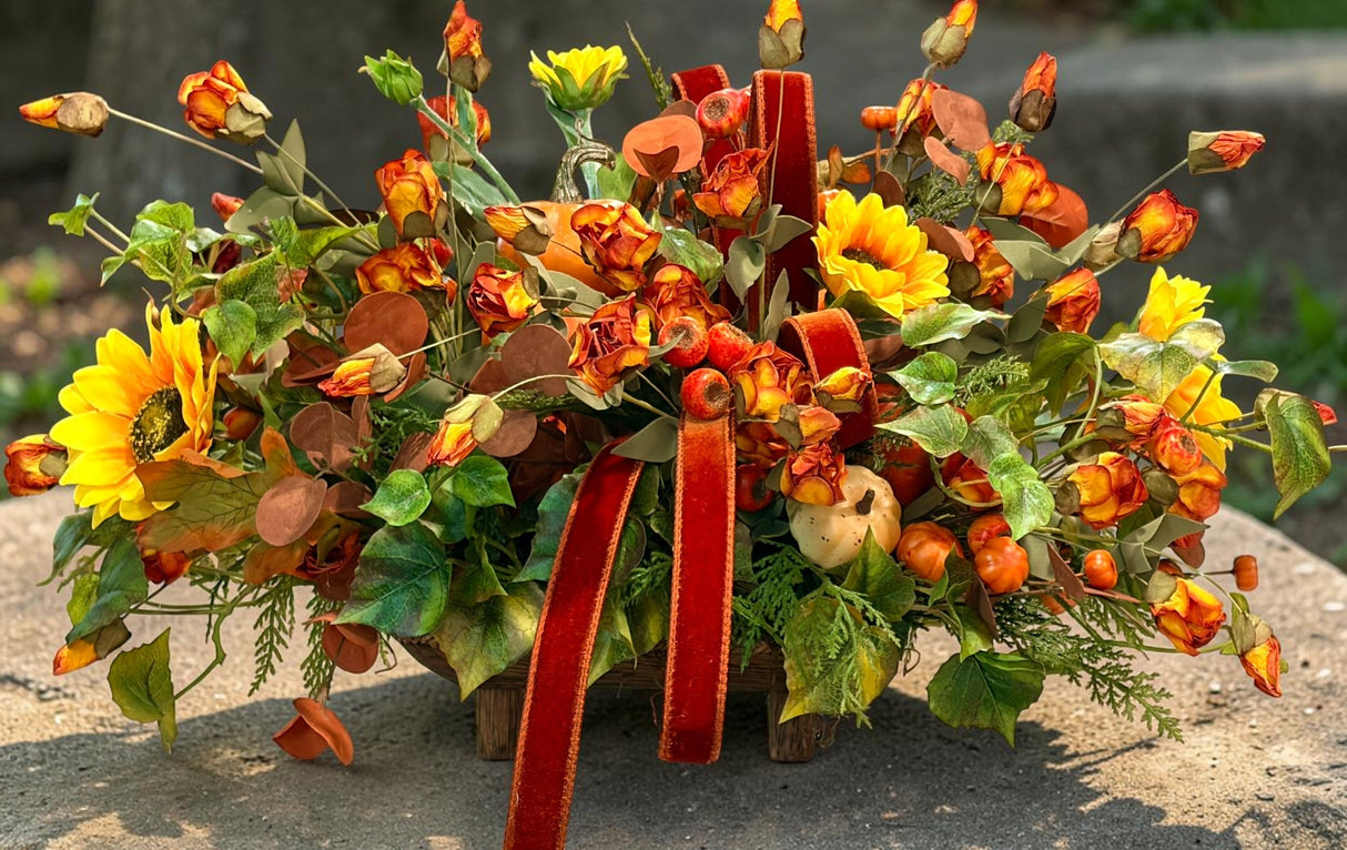 Fall Pumpkin and Sunflower Centerpiece on Wooden Pedestal Tray TCT Crafts