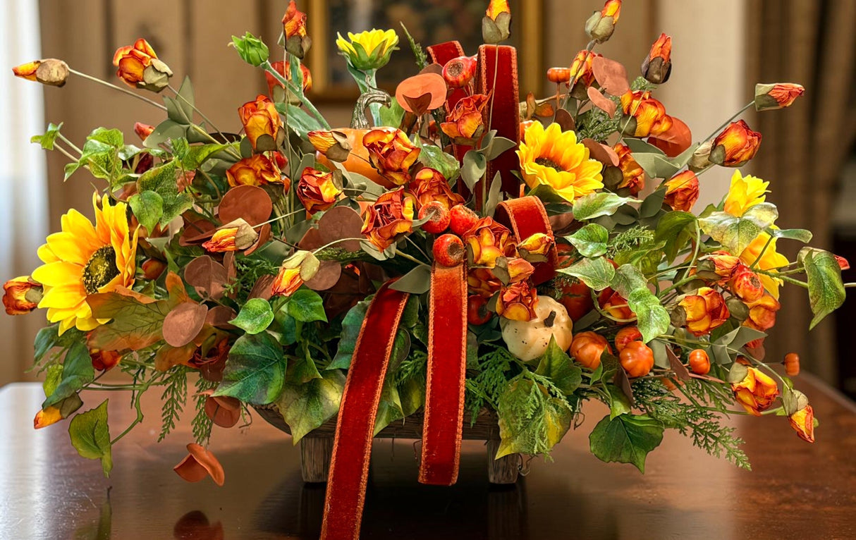 Fall Pumpkin and Sunflower Centerpiece on Wooden Pedestal Tray TCT Crafts