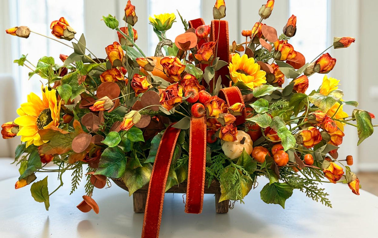 Fall Pumpkin and Sunflower Centerpiece on Wooden Pedestal Tray TCT Crafts