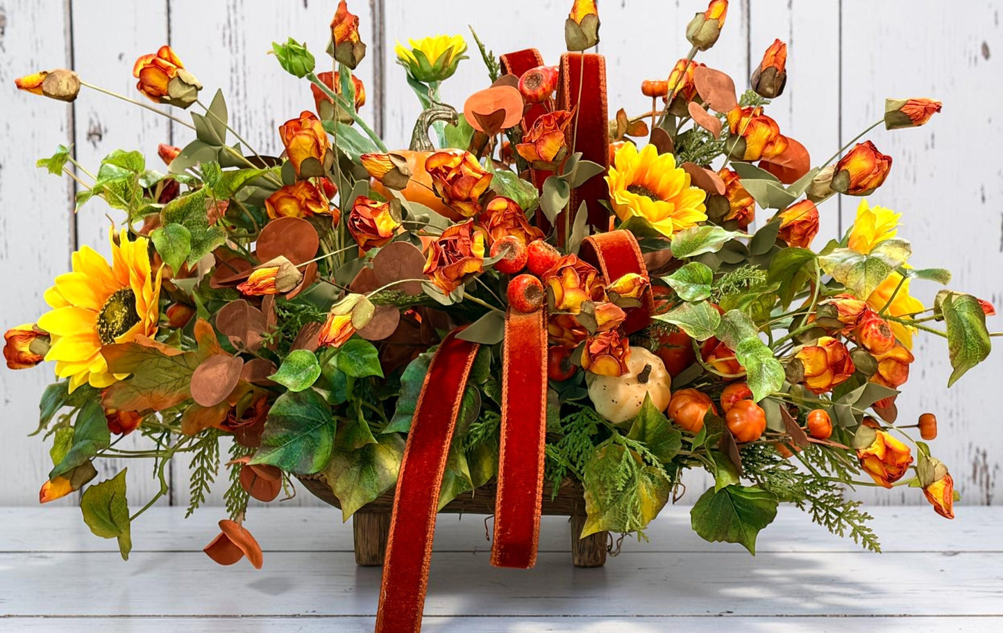 Fall Pumpkin and Sunflower Centerpiece on Wooden Pedestal Tray TCT Crafts