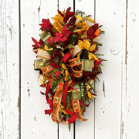 Fall Sunflower Door Swag | Burgundy Elm Leaves & Designer Bow | 36" Autumn Decor TCT Crafts
